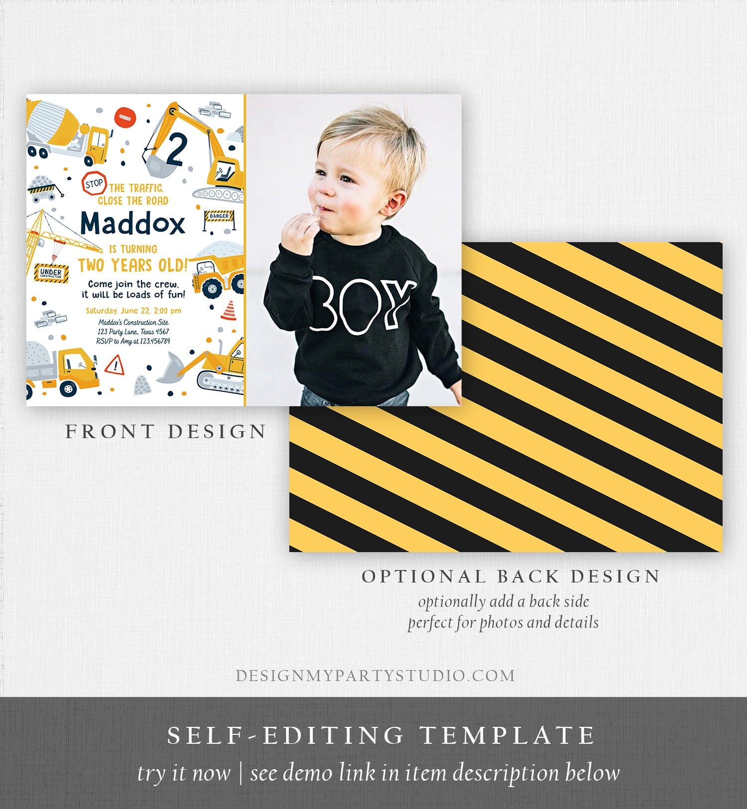 Editable Construction Birthday Invitation Boy Yellow Dump Truck Excavator Digger Party Digital Download Evite Template Printable 0458