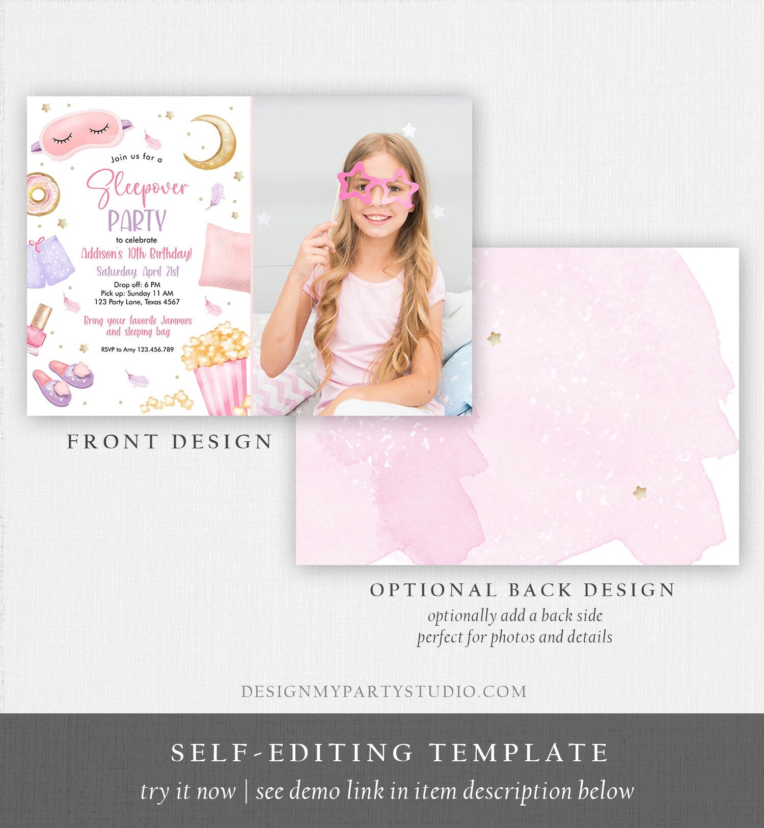 Editable Slumber Party Birthday Invitation Sleepover Birthday Invite Pink Girl Spa Tween Teen Digital Download Printable Template Corjl 0447