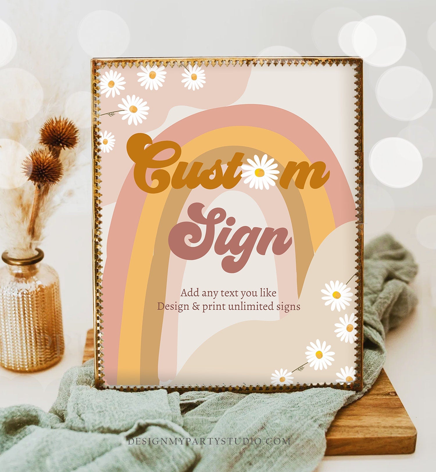 Editable Retro Groovy Custom Sign Birthday Party Groovy Pink Baby Shower Decor Daisy Floral Hippie 70s Download Template Printable 0428