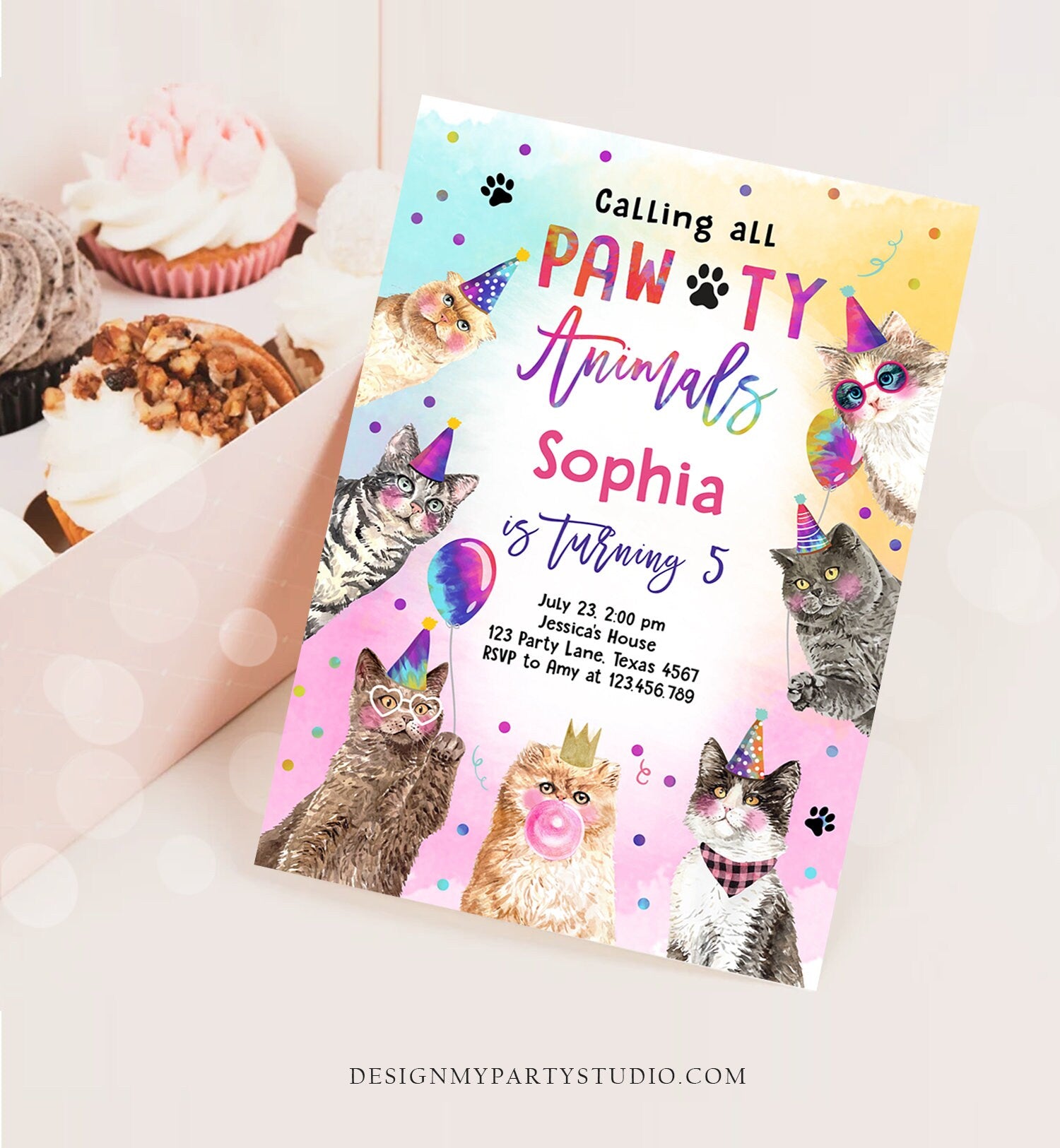 Editable Cat Birthday Party Invitation Kitten Birthday Invite Calling All Pawty Animals Party Animals Download Printable Template Corjl 0460