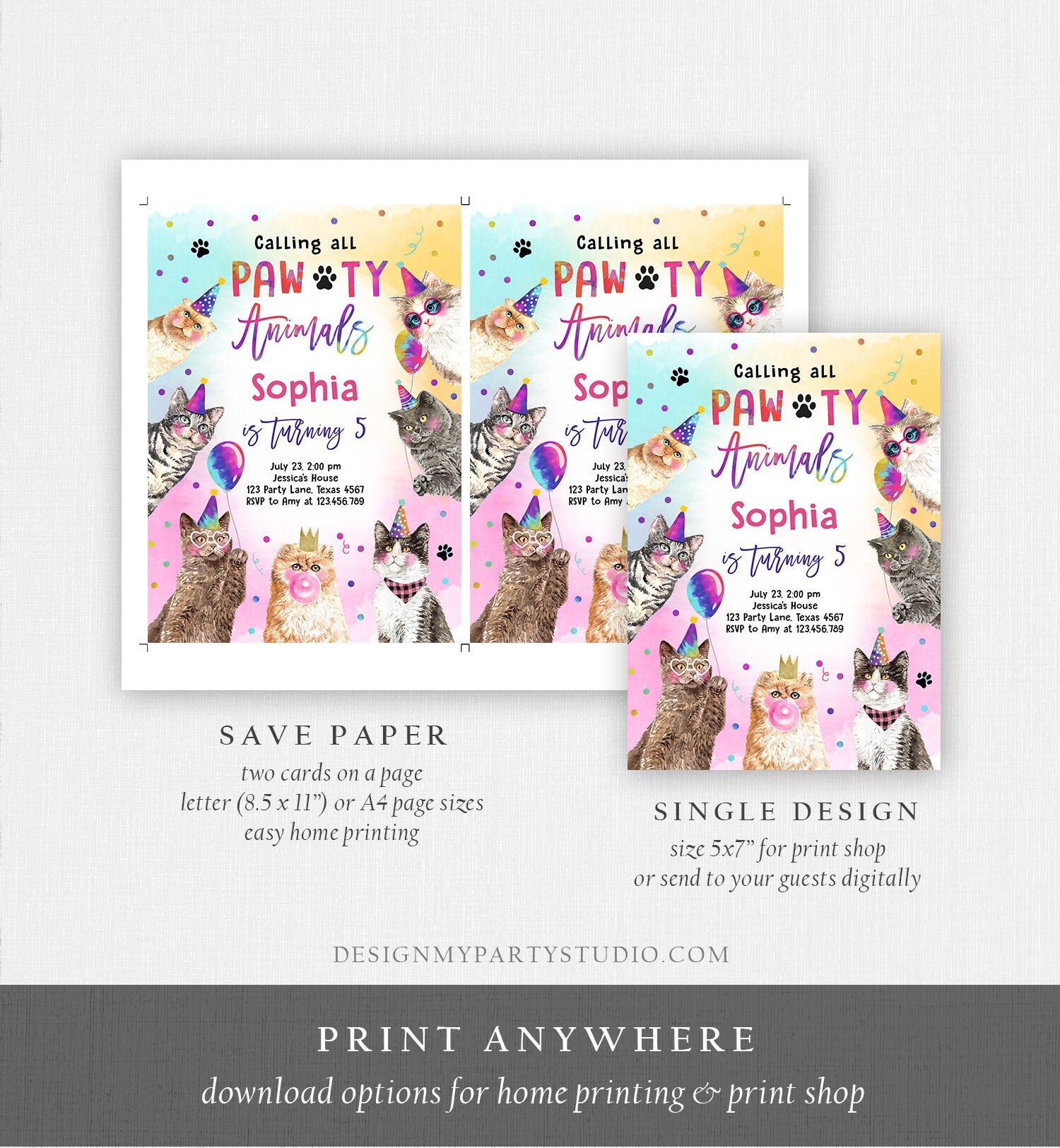 Editable Cat Birthday Party Invitation Kitten Birthday Invite Calling All Pawty Animals Party Animals Download Printable Template Corjl 0460