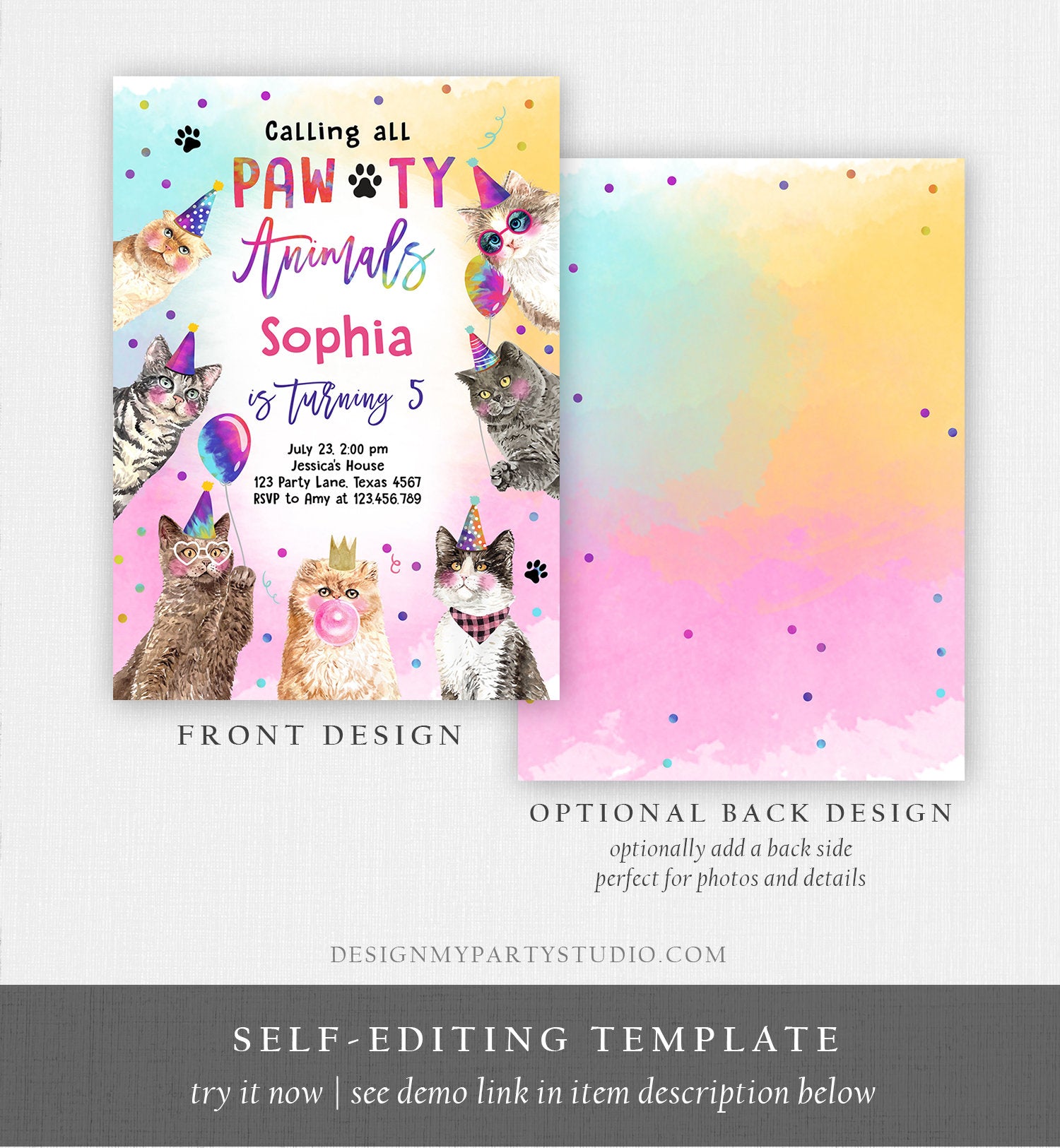 Editable Cat Birthday Party Invitation Kitten Birthday Invite Calling All Pawty Animals Party Animals Download Printable Template Corjl 0460