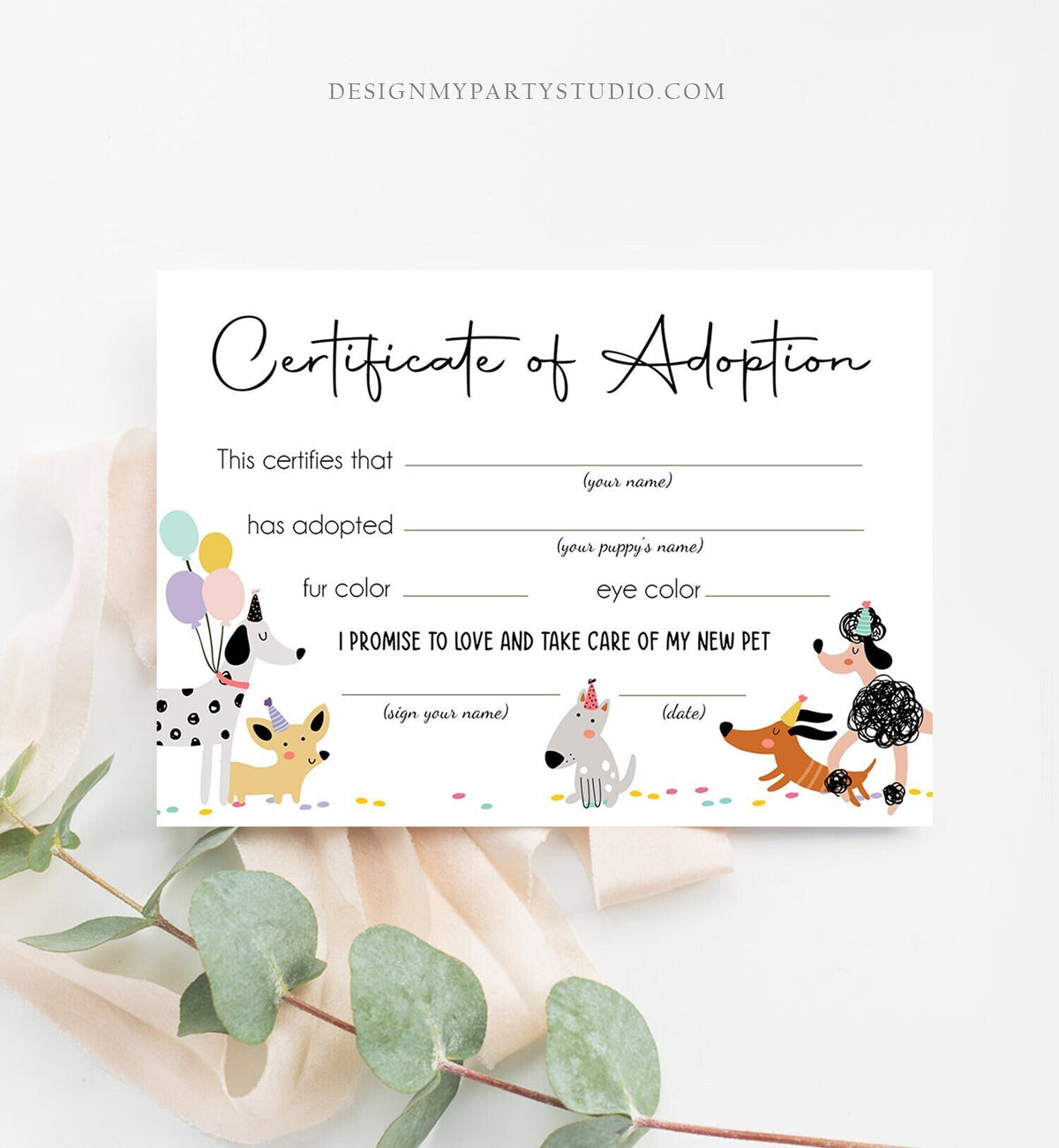 Pet Adoption Certificate Puppy Adoption Dog Birthday Party Adopt A Pet Girl Pink Vet Puppy Adoption Instant Download Digital PRINTABLE 0429