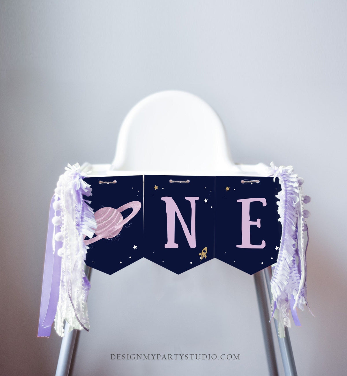 Outer Space Planets High Chair Banner Galaxy Girl 1st First Birthday Purple High Chair Banner ONE Space Party Decor PRINTABLE Digital 0357