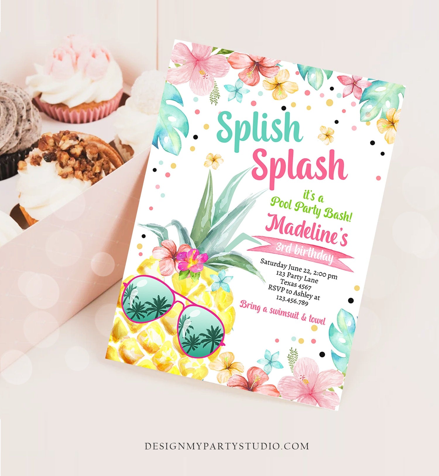 Editable Splish Splash Birthday Party Invitation Pineapple Birthday Pool Party Pineapple Pink Girl Download Corjl Template Printable 0391