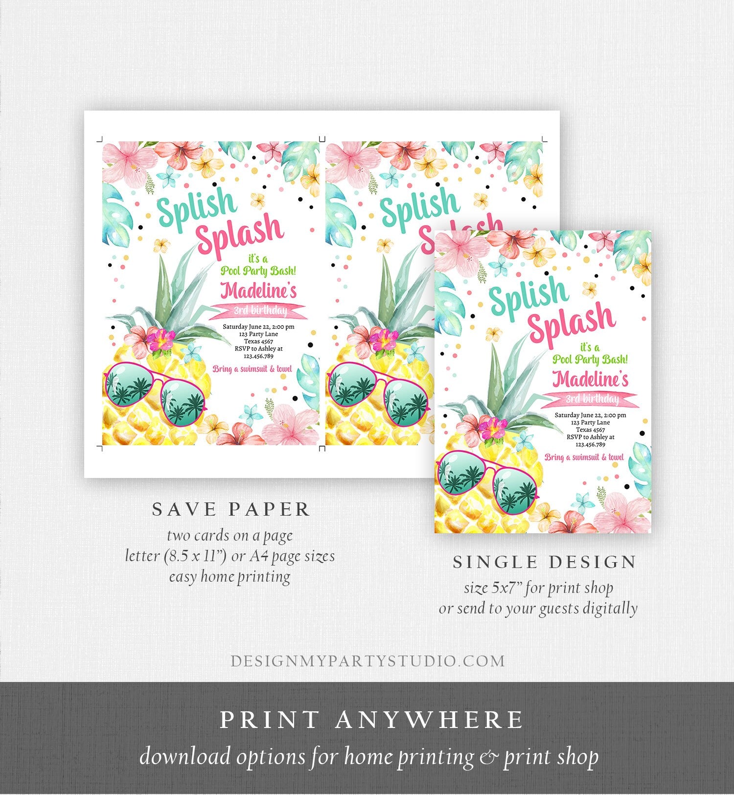 Editable Splish Splash Birthday Party Invitation Pineapple Birthday Pool Party Pineapple Pink Girl Download Corjl Template Printable 0391