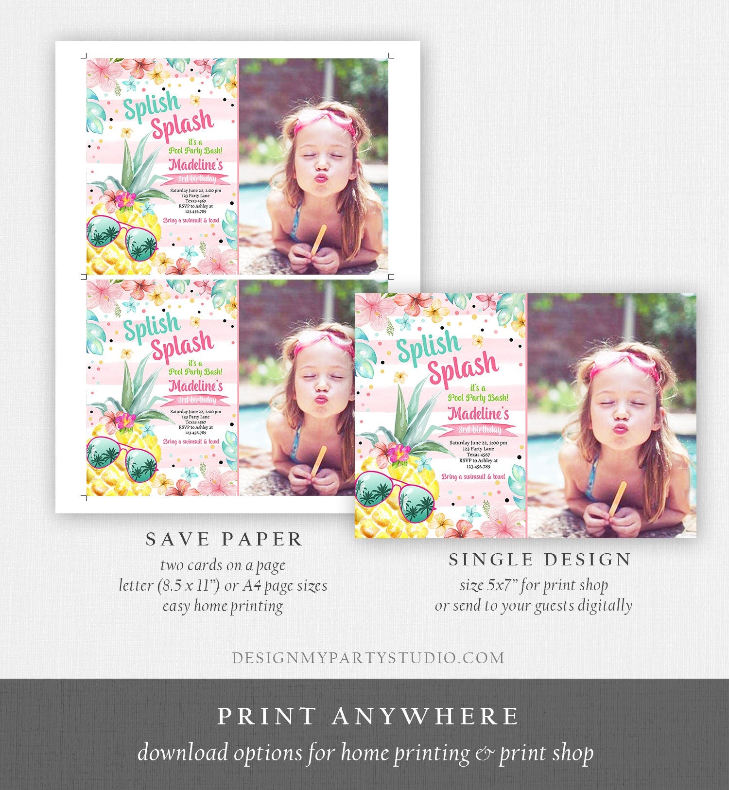 Editable Splish Splash Birthday Party Invitation Pineapple Birthday Pool Party Pineapple Pink Girl Download Corjl Template Printable 0391