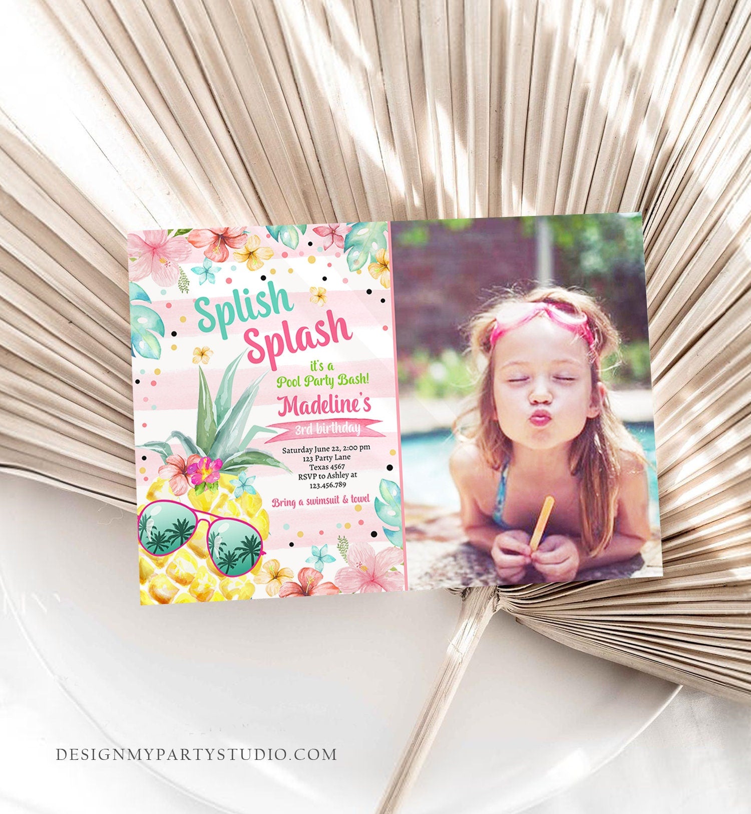 Editable Splish Splash Birthday Party Invitation Pineapple Birthday Pool Party Pineapple Pink Girl Download Corjl Template Printable 0391