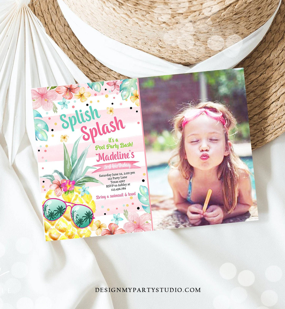 Editable Splish Splash Birthday Party Invitation Pineapple Birthday Pool Party Pineapple Pink Girl Download Corjl Template Printable 0391