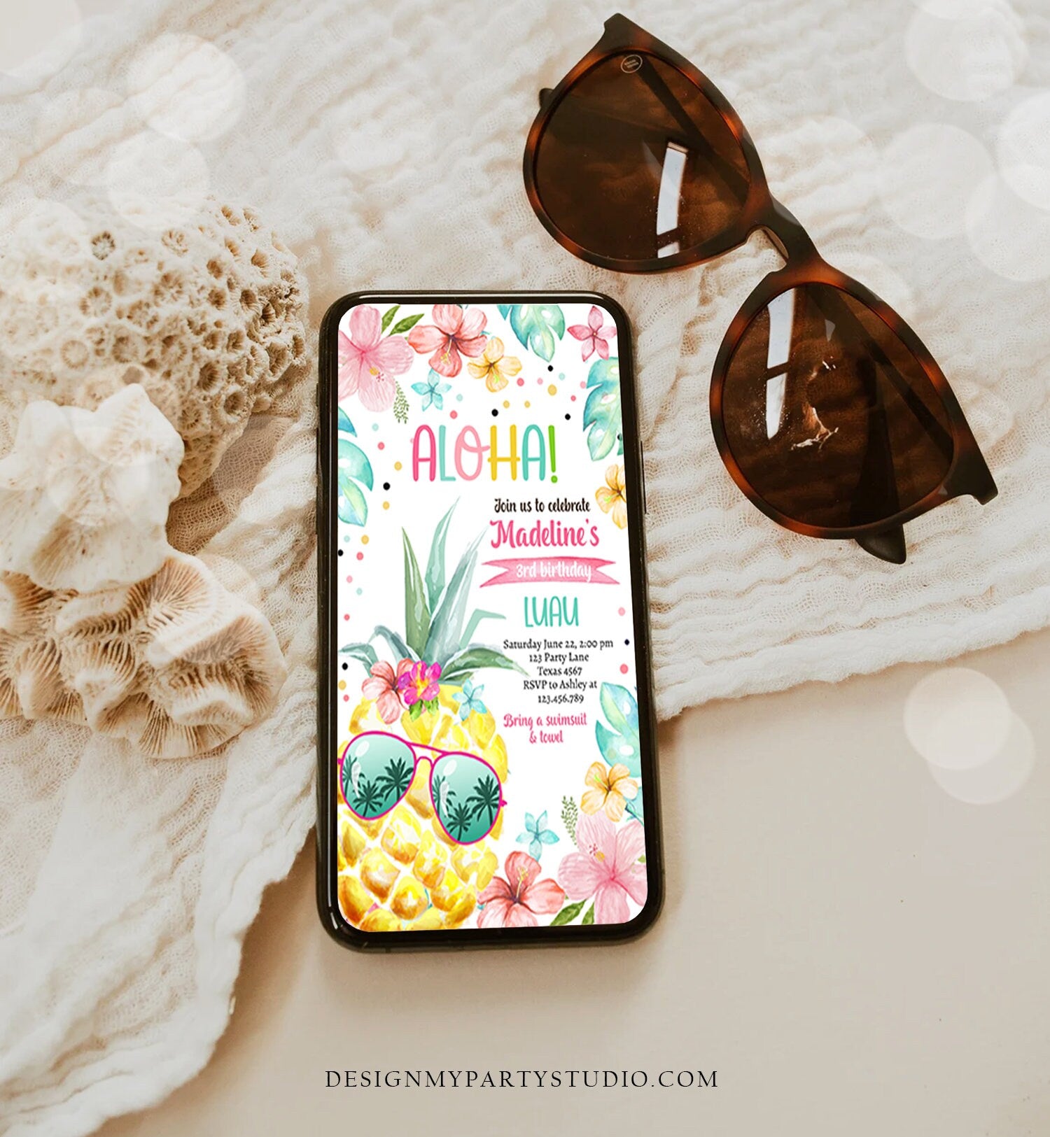 Editable Hawaiian Luau Birthday Evite Pineapple Birthday Party Pool Party Pink Girl Invitation Phone Download Corjl Template Printable 0391