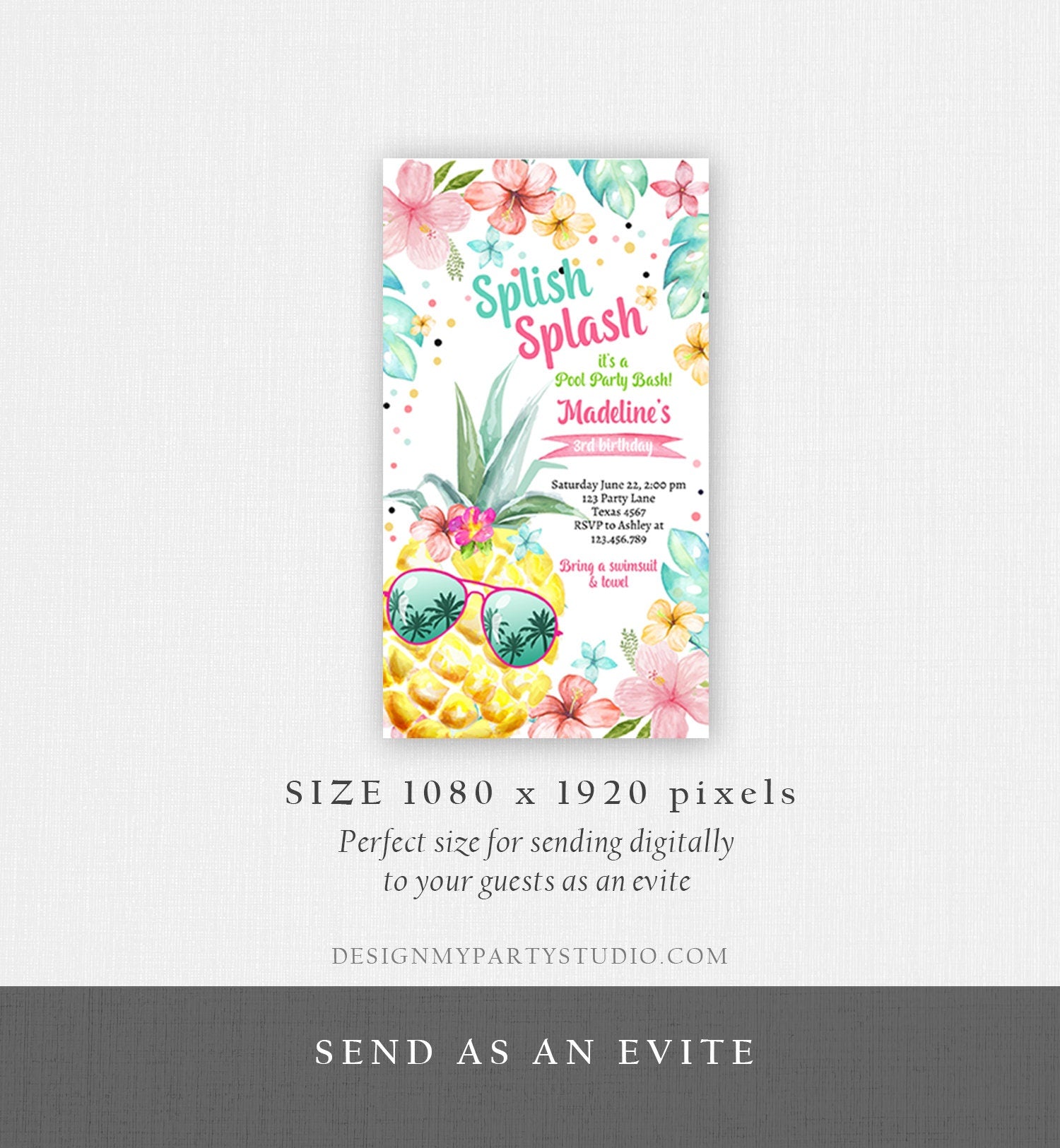 Editable Hawaiian Luau Birthday Evite Pineapple Birthday Party Pool Party Pink Girl Electronic Phone Download Corjl Template Printable 0391