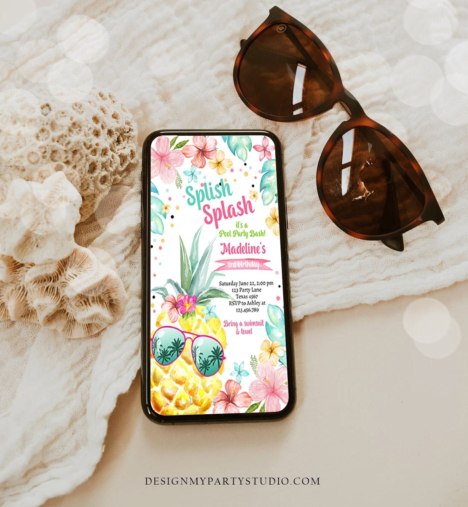 Editable Hawaiian Luau Birthday Evite Pineapple Birthday Party Pool Party Pink Girl Electronic Phone Download Corjl Template Printable 0391