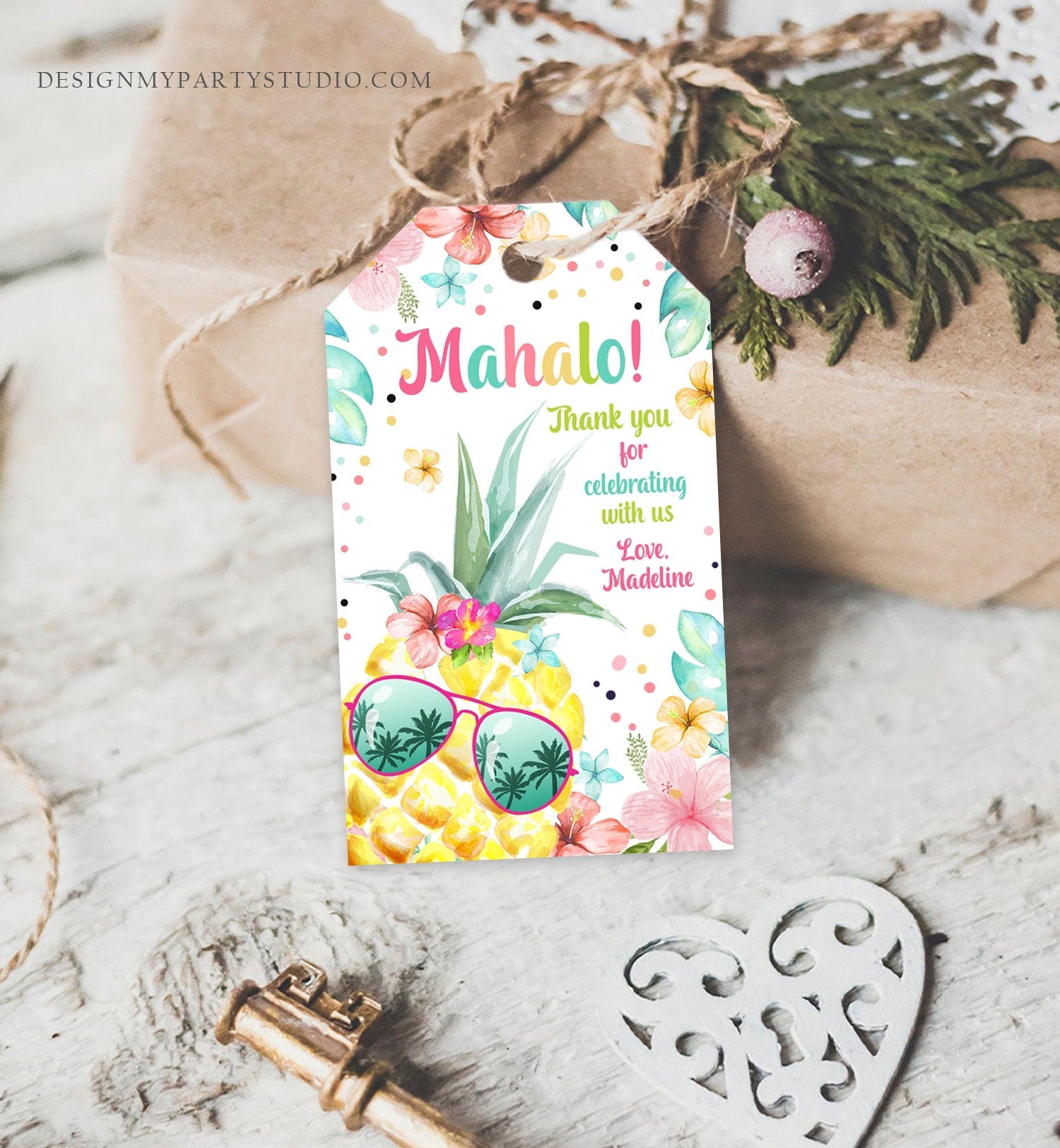 Editable Tropical Aloha Hawaiian Favor Tag Luau Birthday Party Pineapple Favor Tag Mahalo Pool Party Pink Girl Corjl Template Printable 0391