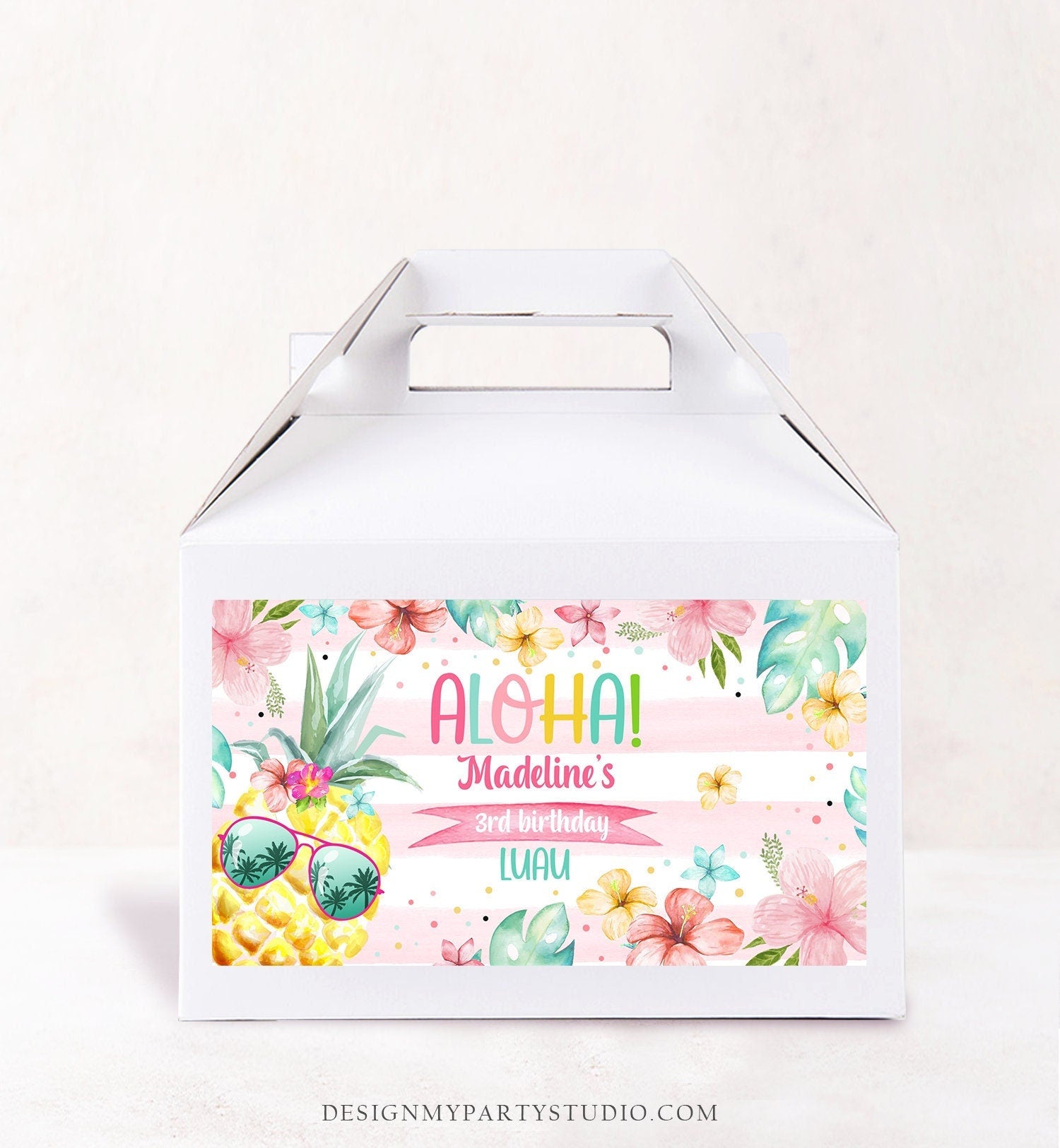 Editable Pineapple Gable Gift Box Label Hawaiian Luau Birthday Girl Treat Box Label Tropical Summer Pool Party Download Printable Corjl 0391