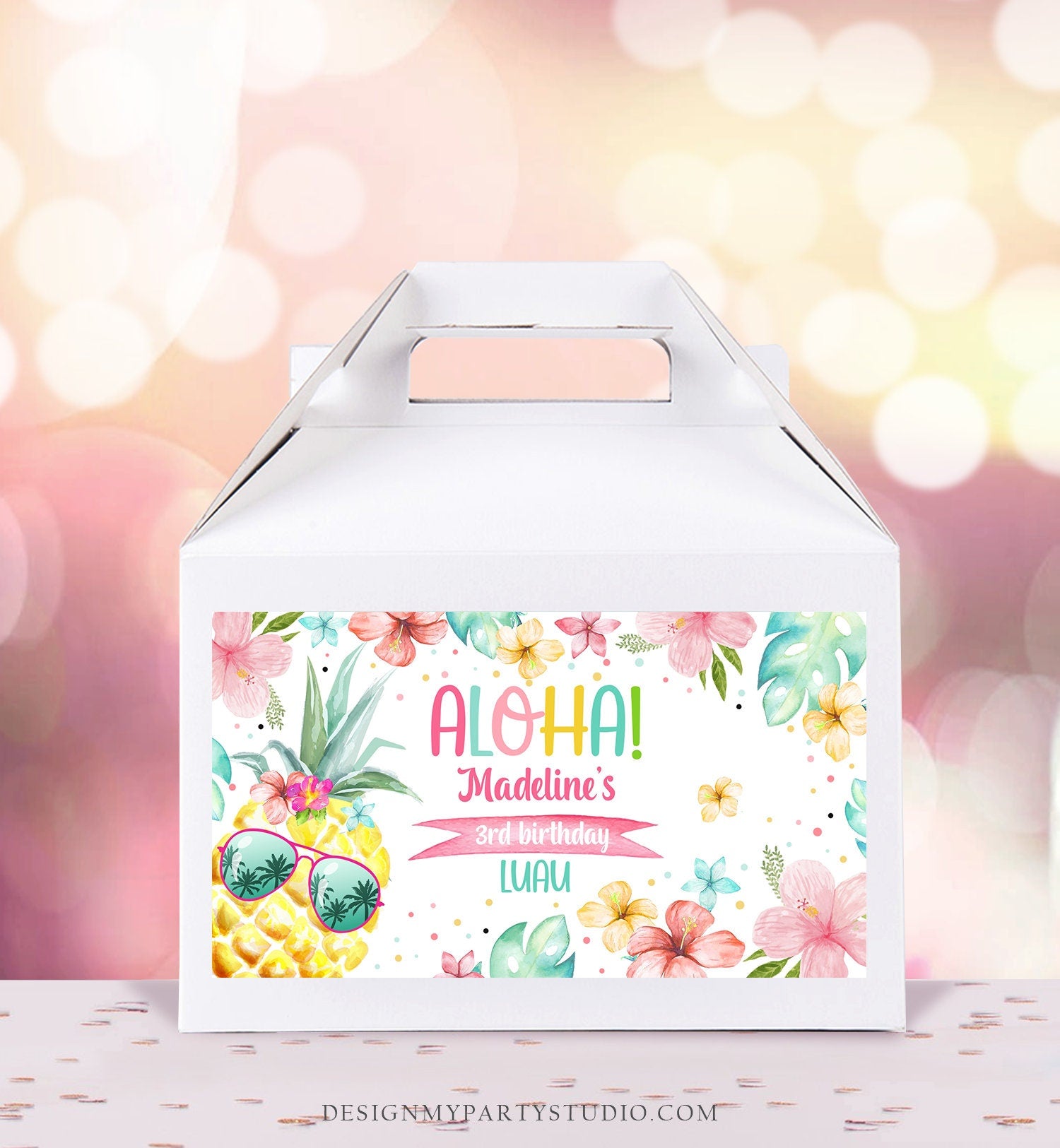 Editable Pineapple Gable Gift Box Label Hawaiian Luau Birthday Girl Treat Box Label Tropical Summer Pool Party Download Printable Corjl 0391