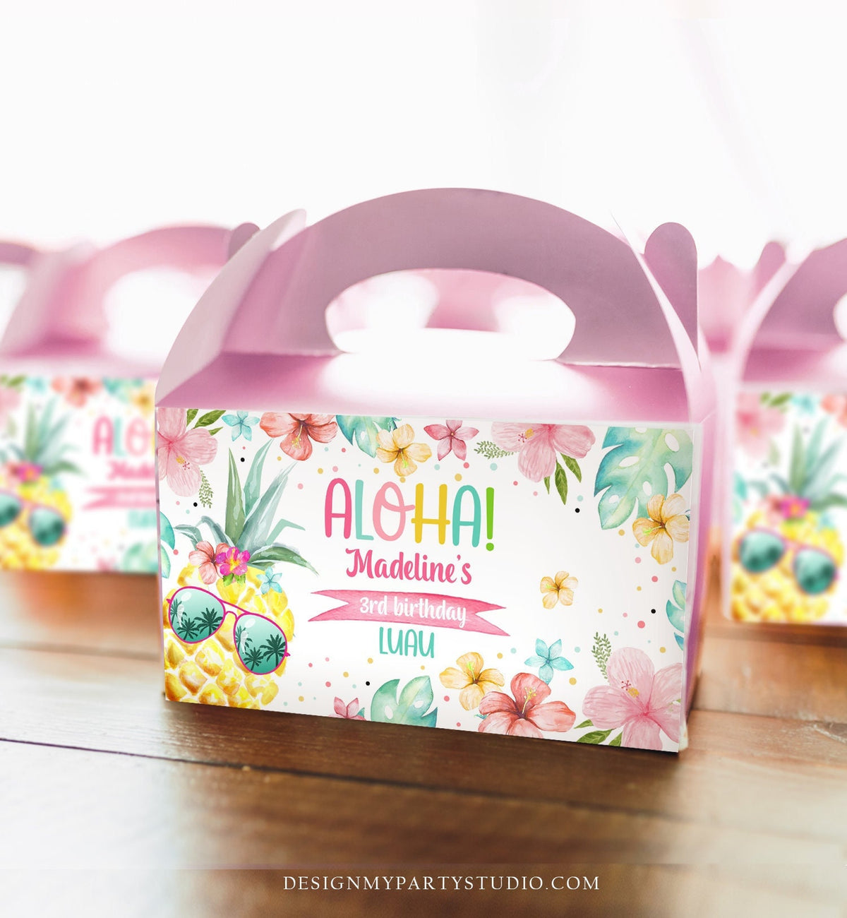 Editable Pineapple Gable Gift Box Label Hawaiian Luau Birthday Girl Treat Box Label Tropical Summer Pool Party Download Printable Corjl 0391