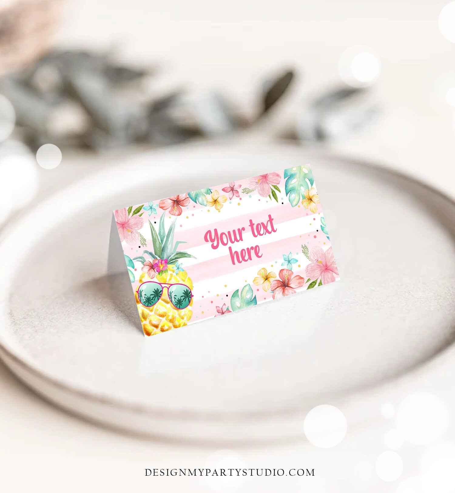 Editable Pineapple Food Labels Luau Birthday Party Food Cards Tent Card Girl Pink Tropical Name Card Pool Party Hawaiian Template Corjl 0391