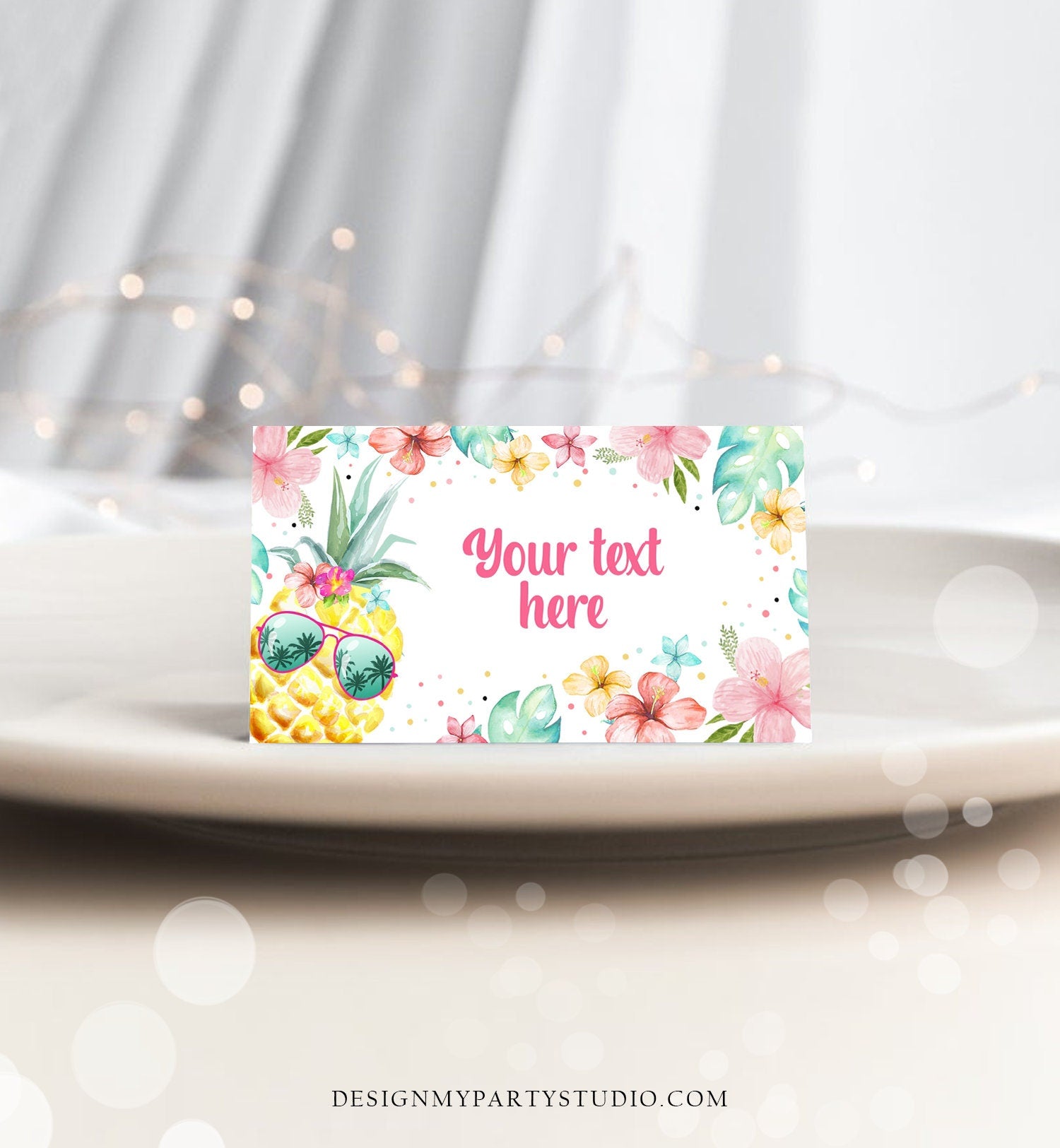 Editable Pineapple Food Labels Luau Birthday Party Food Cards Tent Card Girl Pink Tropical Name Card Pool Party Hawaiian Template Corjl 0391