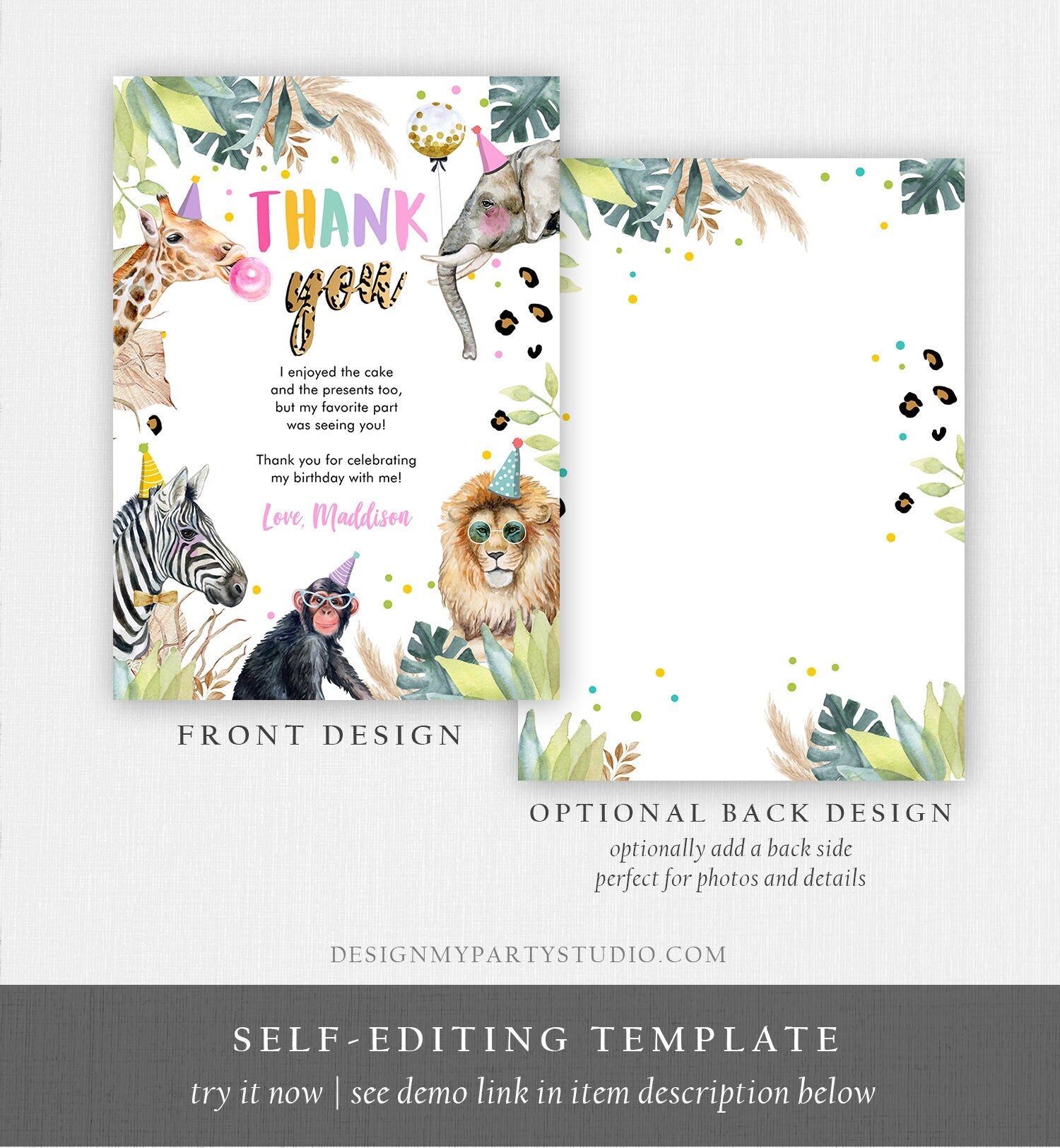 Editable Thank You Card Safari Animals Wild One Two Wild Thank You Note Girl Pink Gold Zoo Party Animals Digital Template Digital 0417