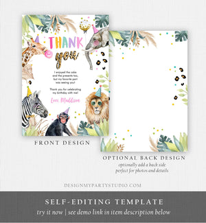 Editable Thank You Card Safari Animals Wild One Two Wild Thank You Note Girl Pink Gold Jungle Zoo Party Animals Corjl Template Digital 0417