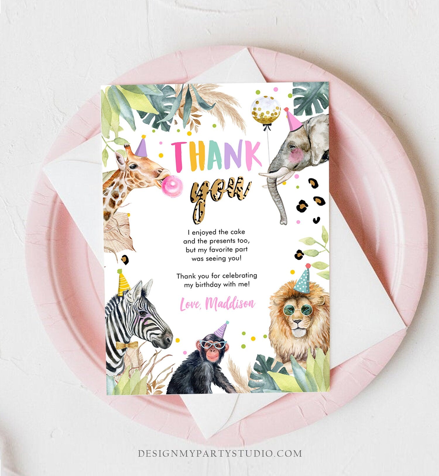 Editable Thank You Card Safari Animals Wild One Two Wild Thank You Note Girl Pink Gold Zoo Party Animals Digital Template Digital 0417