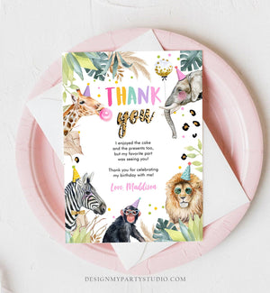 Editable Thank You Card Safari Animals Wild One Two Wild Thank You Note Girl Pink Gold Jungle Zoo Party Animals Corjl Template Digital 0417