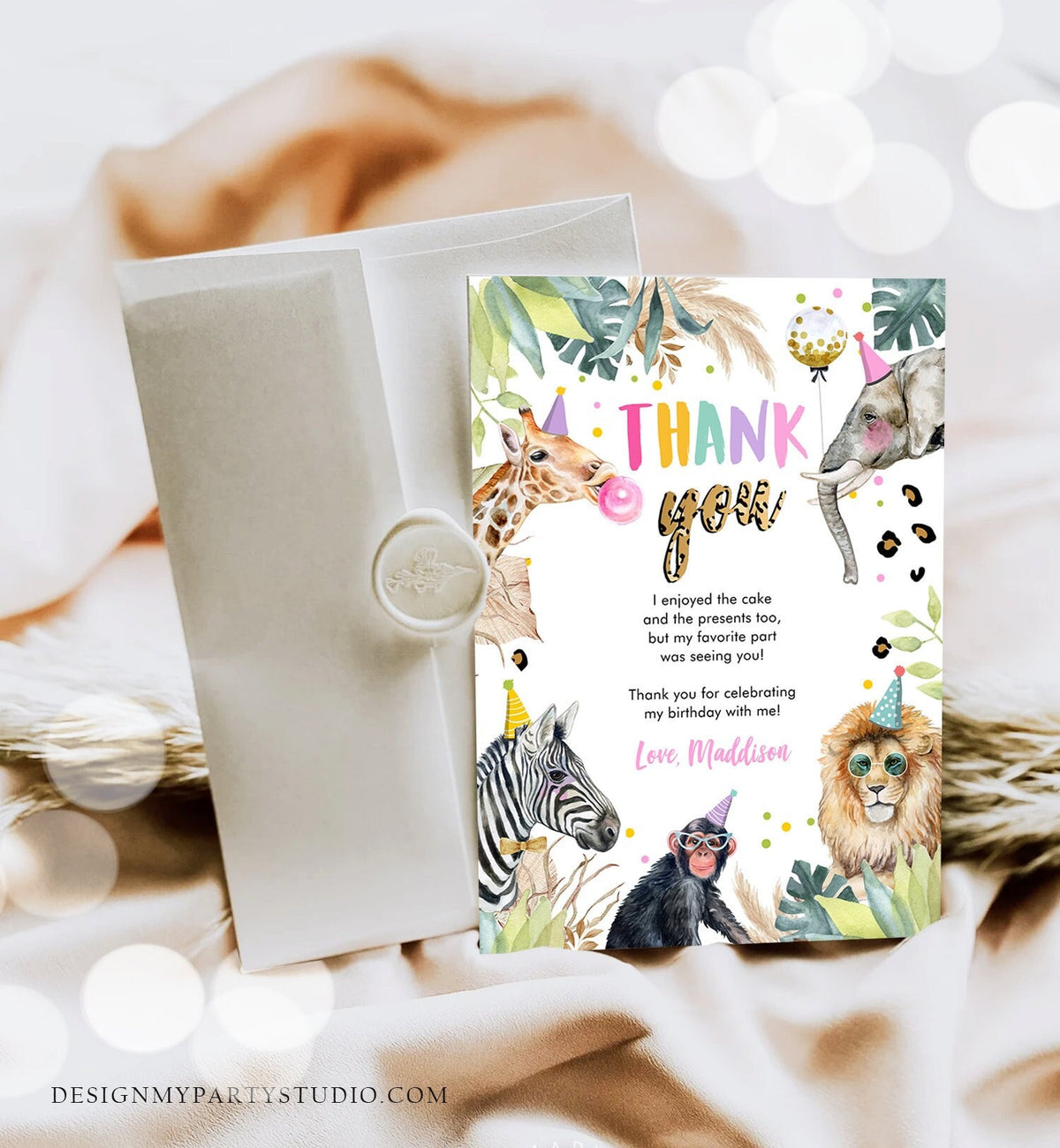 Editable Thank You Card Safari Animals Wild One Two Wild Thank You Note Girl Pink Gold Zoo Party Animals Digital Template Digital 0417