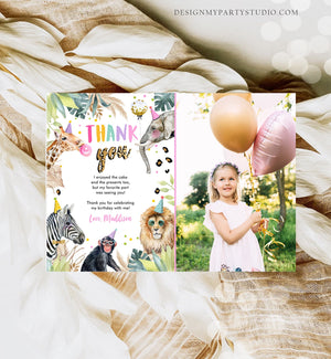 Editable Thank You Card Safari Animals Wild One Two Wild Thank You Note Girl Pink Gold Jungle Zoo Party Animals Corjl Template Digital 0417