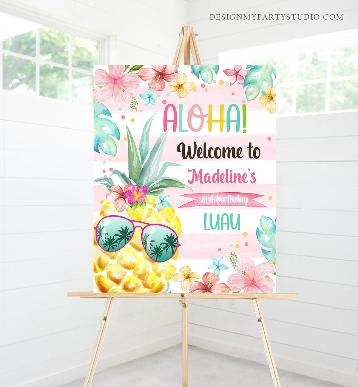 Editable Pineapple Welcome Sign Tropical Hawaiian Luau Birthday Sign Girl Pink Aloha Party Welcome Poster Digital Template Printable 0391