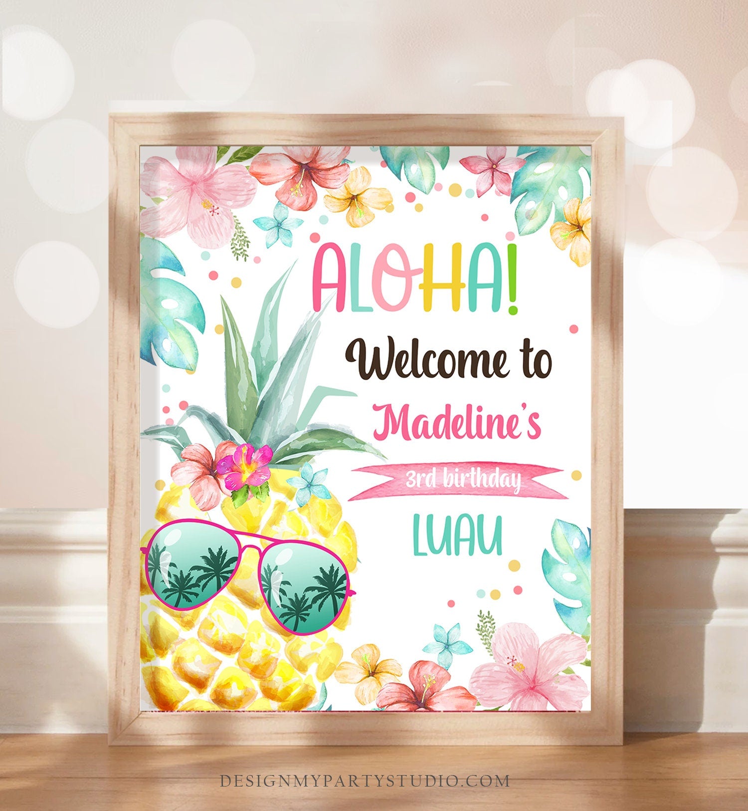 Editable Pineapple Welcome Sign Tropical Hawaiian Luau Birthday Sign Girl Pink Aloha Party Welcome Poster Template Corjl PRINTABLE 0391