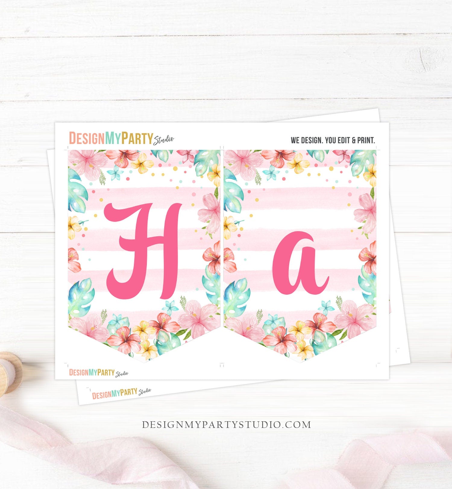 Pineapple Happy Birthday Banner Aloha Tropical Pink Hawaiian Birthday Luau Party Hawaii 1st Birthday Girl Instant Download Printable 0391