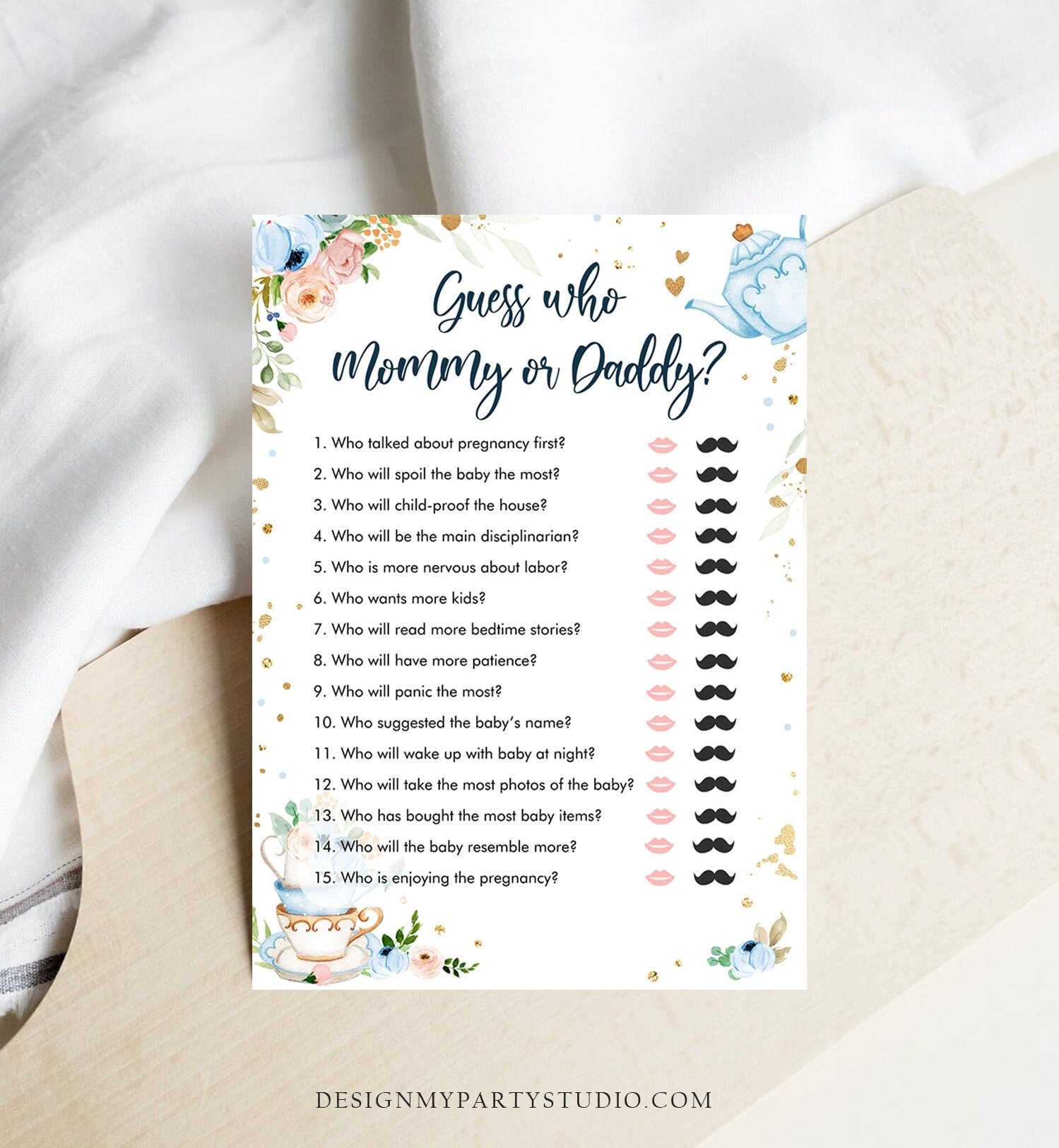 Editable Mommy or Daddy Baby Shower Game Guess Who Mom Dad Tea Party Baby is Brewing Game Shower Activity Digital Template Printable 0349