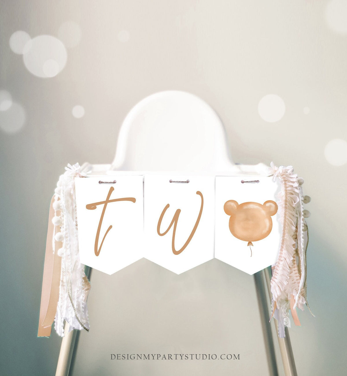 Bear High Chair Banner Teddy Bear Birthday Party 2nd Second Birthday Modern Bear Picnic Cute Beary Two Decor Neutral PRINTABLE Digital 0439