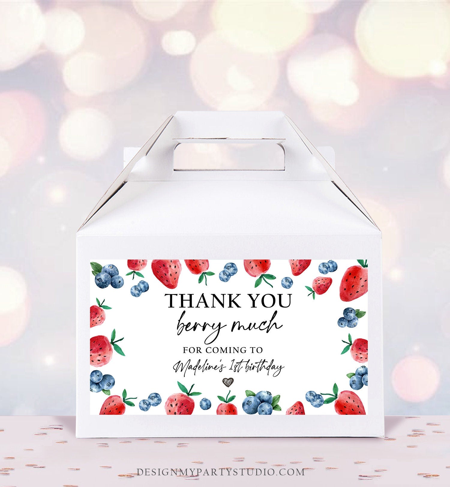 Editable Blueberry Strawberry Gable Gift Box Label 1st Birthday Berry First Favors Treat Box Label Berry Sweet Download Printable Corjl 0399