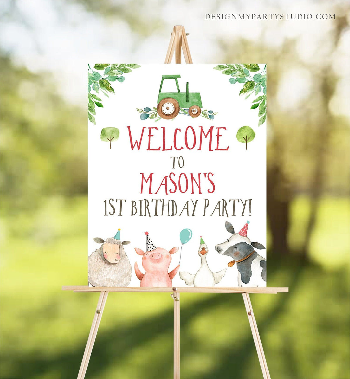 Editable Farm Birthday Welcome Sign Boy Barnyard Birthday Welcome Sign Farm Animals Green Tractor Barn Country Template Corjl PRINTABLE 0155