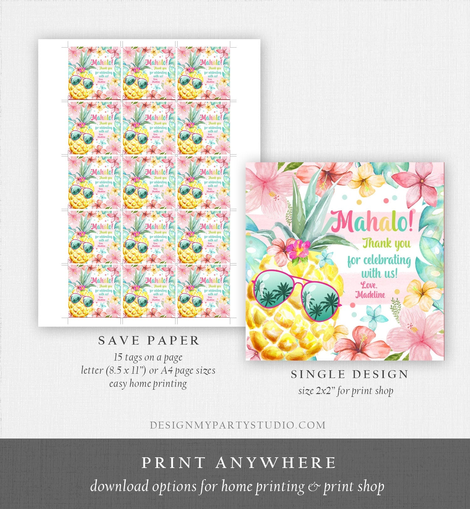 Editable Tropical Aloha Hawaiian Favor Tag Luau Birthday Party Pineapple Sticker Mahalo Pool Party Pink Girl Corjl Template Printable 0391