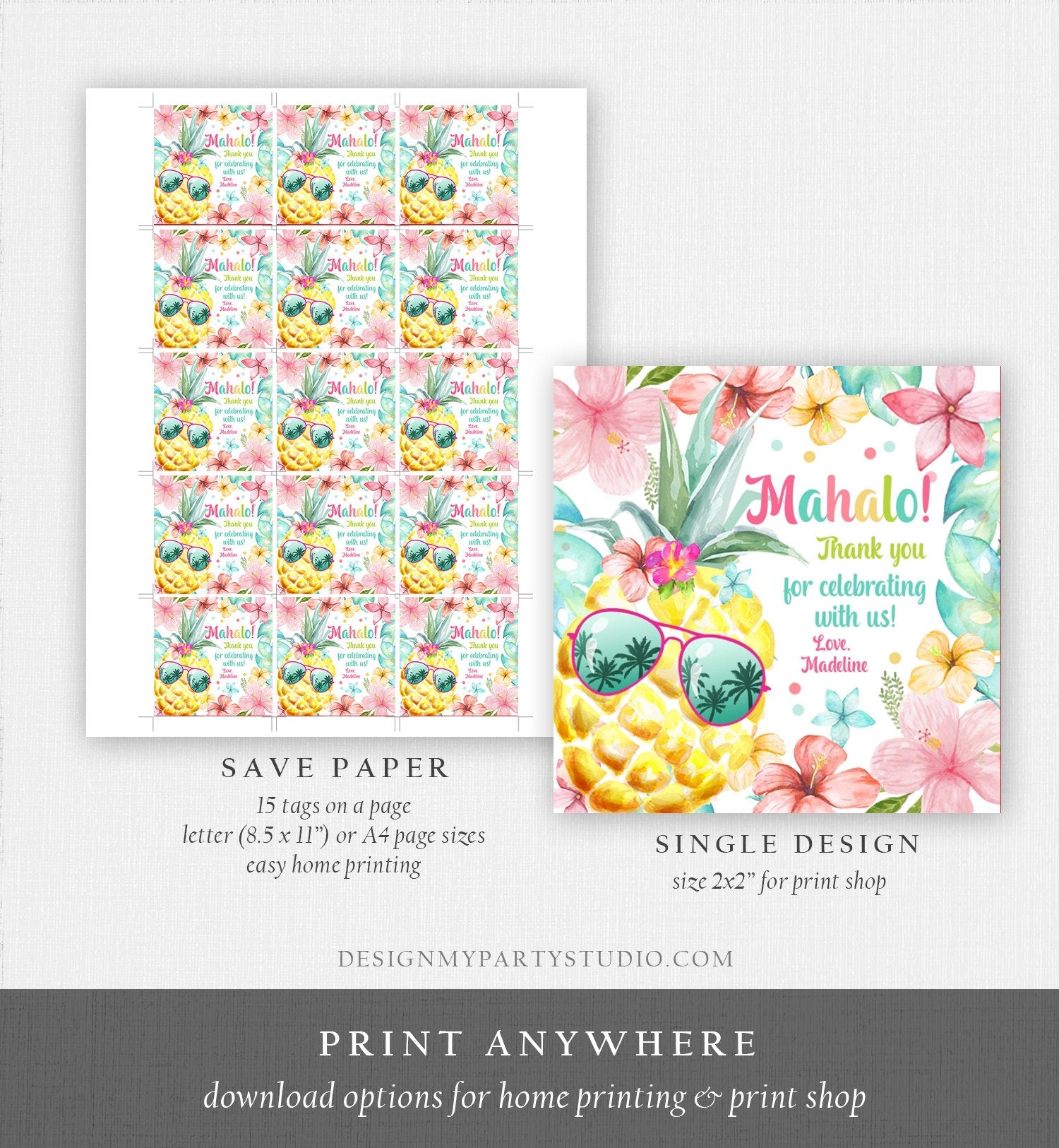 Editable Tropical Aloha Hawaiian Favor Tag Luau Birthday Party Pineapple Sticker Mahalo Pool Party Pink Girl Corjl Template Printable 0391