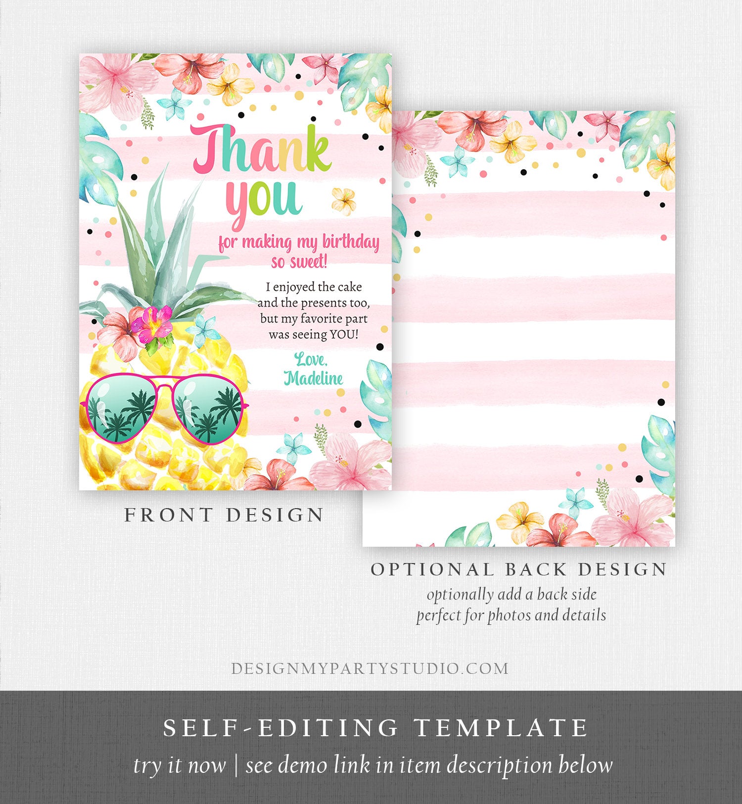 Editable Pineapple Birthday Thank You Card Girl Hawaiian Birthday Thank You Note Tropical Luau Party Download Template Digital Corjl 0391