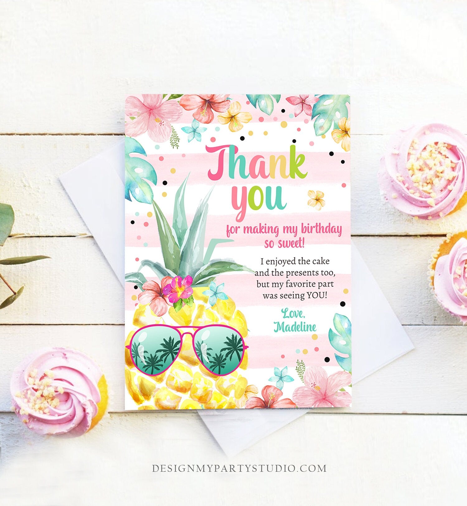 Editable Pineapple Birthday Thank You Card Girl Hawaiian Birthday Thank You Note Tropical Luau Party Download Template Digital Corjl 0391