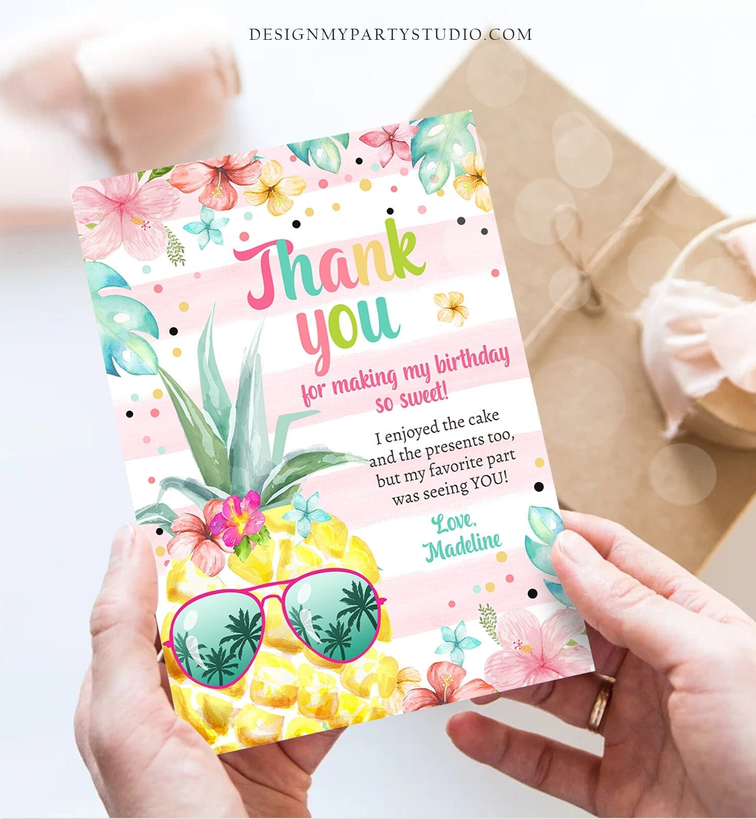 Editable Pineapple Birthday Thank You Card Girl Hawaiian Birthday Thank You Note Tropical Luau Party Download Template Digital Corjl 0391