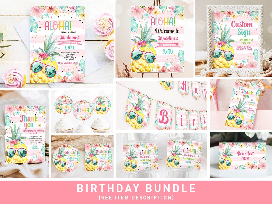 Hawaiian Birthday Invitation Bundle Pineapple First Birthday Luau Party Pack Girl Tropical Package Pool Party Printable Corjl Template 0391