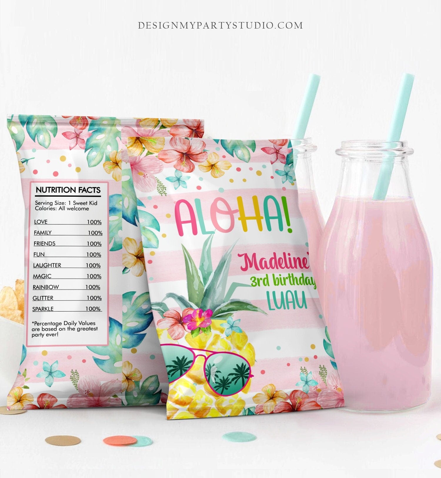 Editable Pineapple Chip Bag Hawaiian Birthday Party Decor Girl Pink Luau Party Snack Favor Tropical Digital Download Template Printable 0391