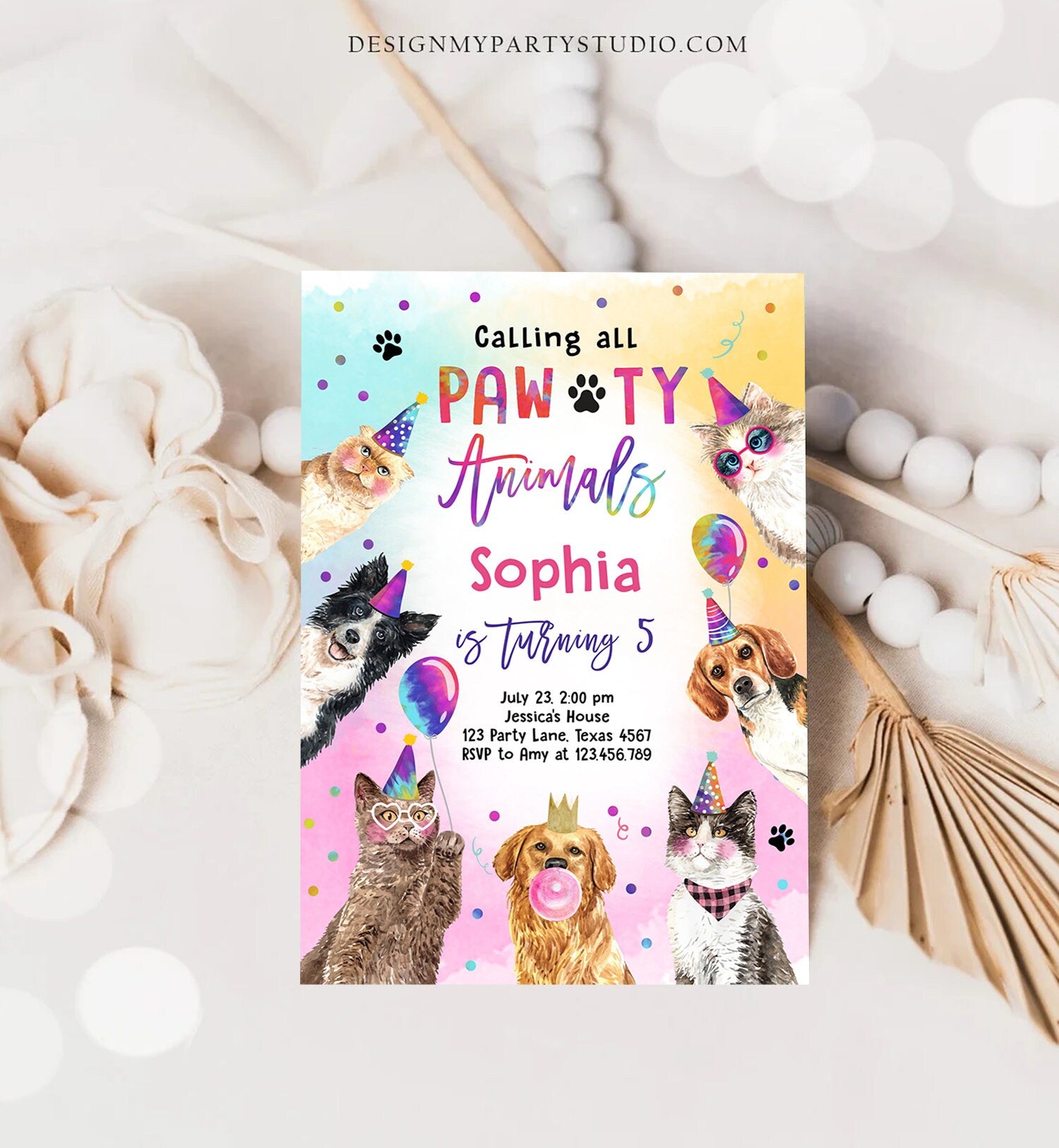 Editable Cats and Dogs Birthday Invitation Pawty Birthday Party Invite Girl Kitten Puppy Party Animal Download Printable Template Corjl 0460