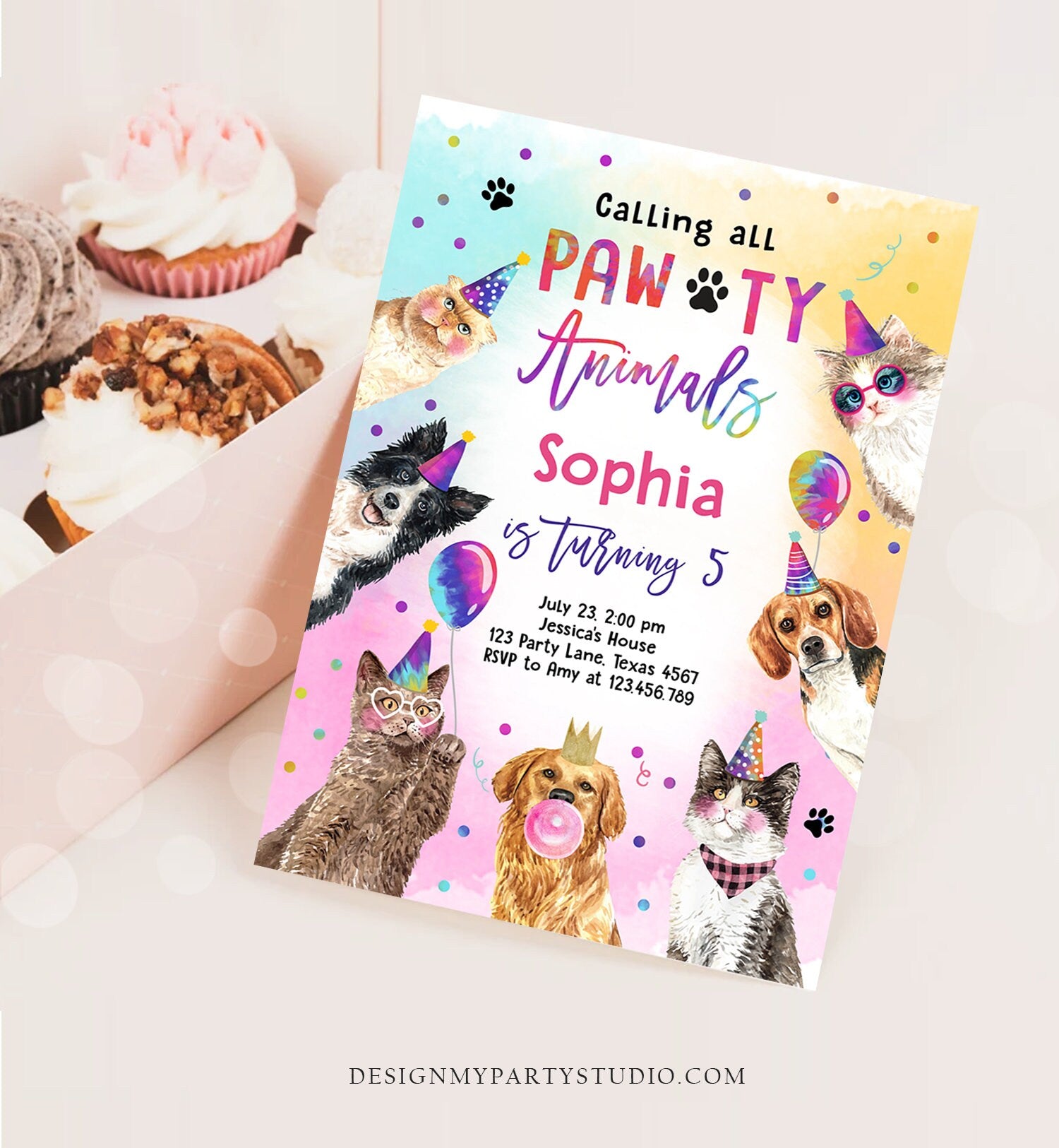 Editable Cats and Dogs Birthday Invitation Pawty Birthday Party Invite Girl Kitten Puppy Party Animal Download Printable Template Corjl 0460