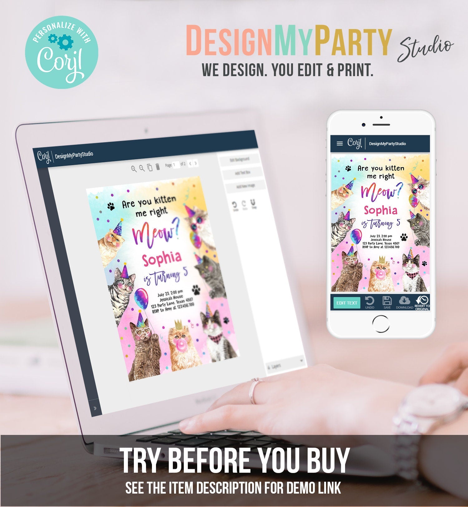 Editable Cat Birthday Party Invitation Kitten Birthday Invite Kitten me Right Meow Invite Party Animals Girl Download Template Corjl 0460