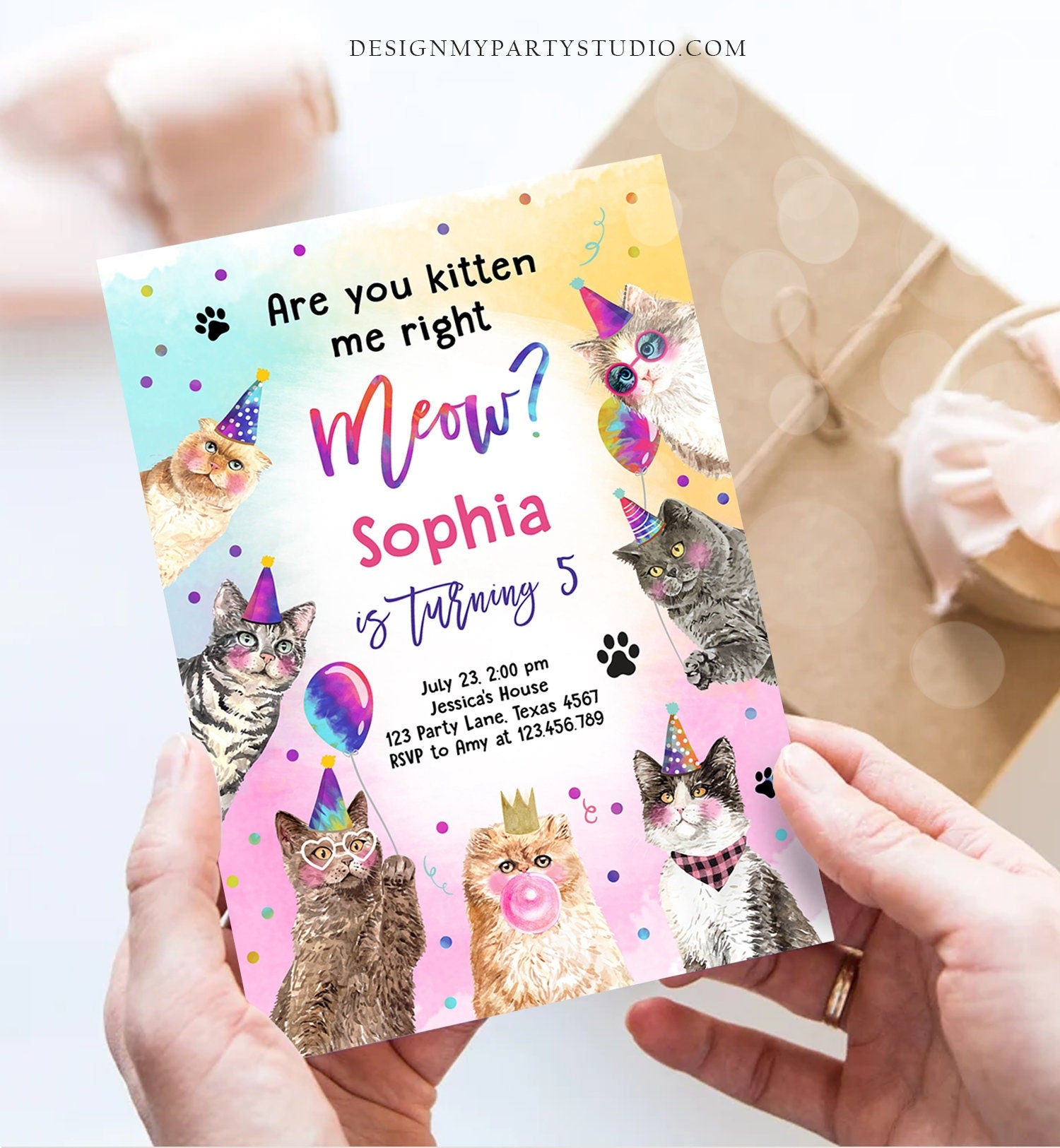 Editable Cat Birthday Party Invitation Kitten Birthday Invite Kitten me Right Meow Invite Party Animals Girl Download Template Corjl 0460