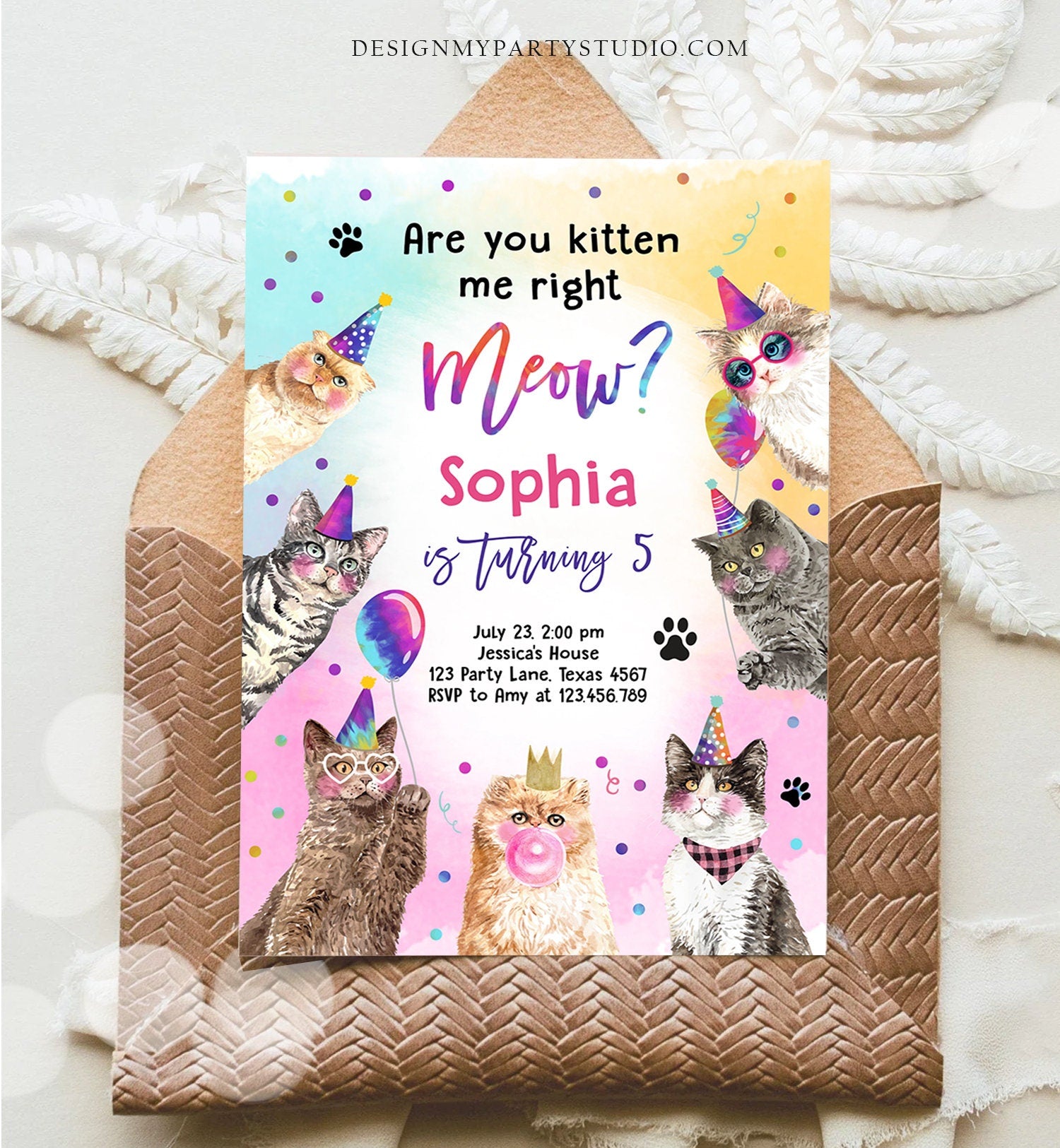 Editable Cat Birthday Party Invitation Kitten Birthday Invite Kitten me Right Meow Invite Party Animals Girl Download Template Corjl 0460