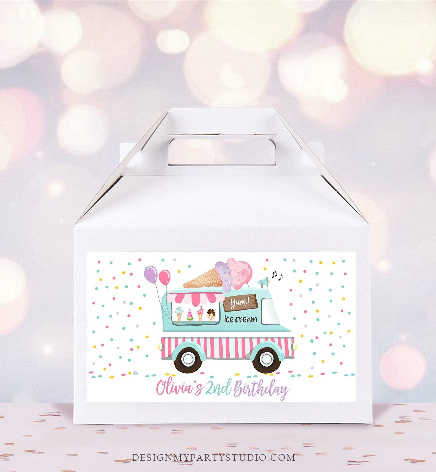 Editable Ice Cream Truck Favor Box Label Gable Gift Box Ice Cream Birthday Sweet One First Girl Treat Box Tag Download Printable Corjl 0243