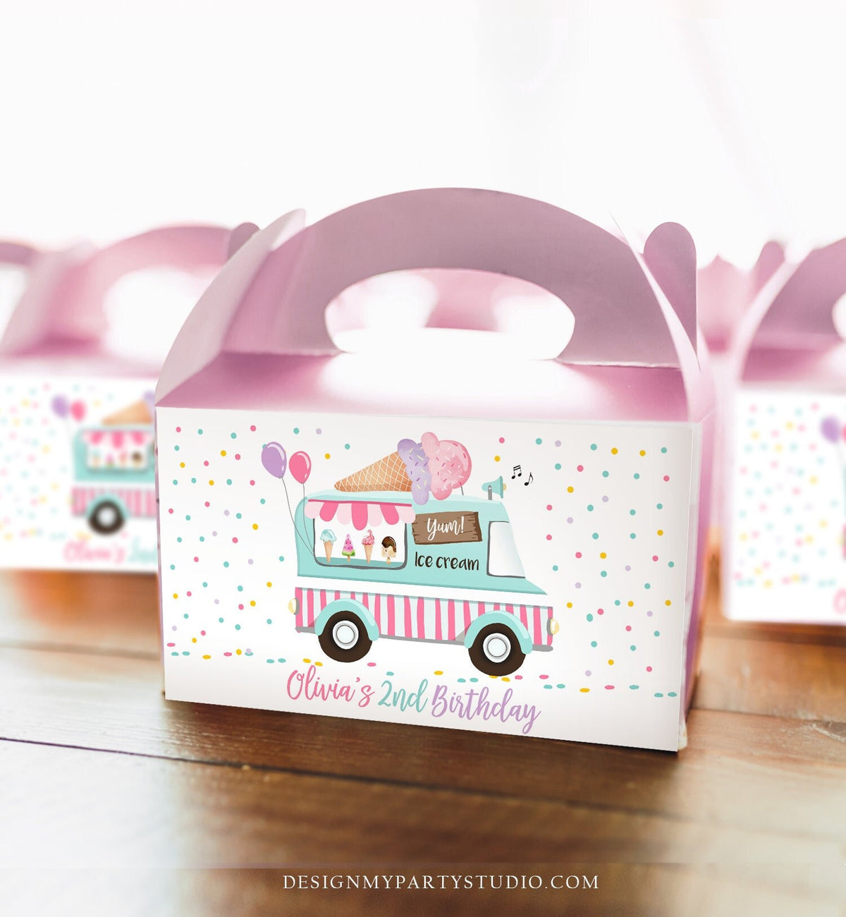 Editable Ice Cream Truck Favor Box Label Gable Gift Box Ice Cream Birthday Sweet One First Girl Treat Box Tag Download Printable Corjl 0243