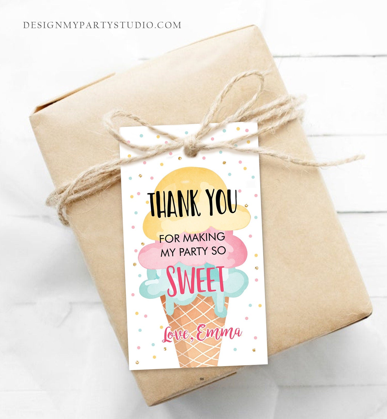 Editable Ice Cream Favor Thank You Tags Ice Cream Birthday Party Girl Pink Yellow Mint Gift Goodie Bag Labels Corjl Template PRINTABLE 0243